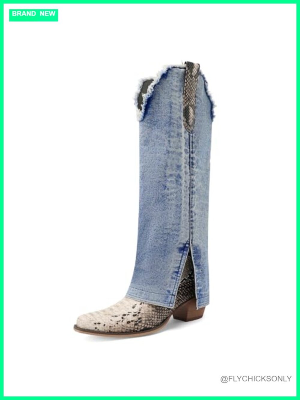 Women's Denim Western Knee-High Cowboy Boots Pointed Toe Block Heel